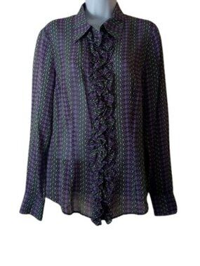 Vintage Rena Lange Womens Ruffle Front Blouse Purple Green Geometric Silk S